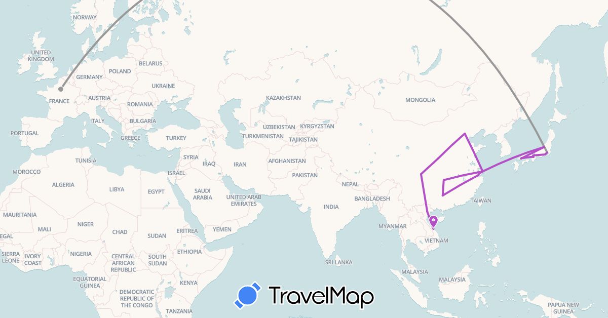 TravelMap itinerary: driving, plane, train in China, France, Japan, Vietnam (Asia, Europe)